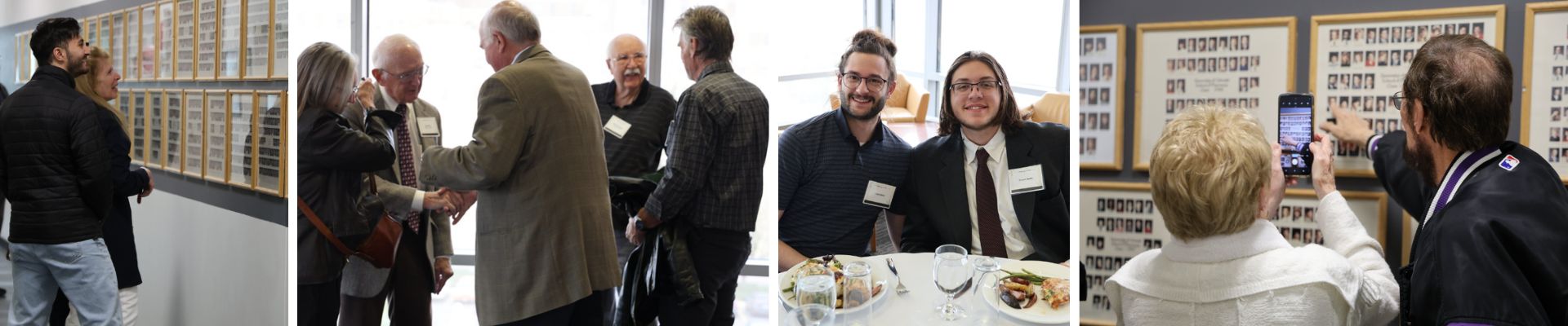 A collage of photographs taken of Pathways of the Past 2026 attendees, interacting and looking at portrait images of past classmates.