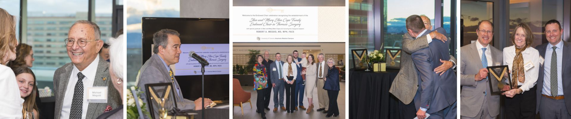 Collage of event photos taken during celebration event, including speakers and awardees being presented with medallions.