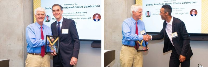 Jon Vogel, MD, and Michael Oliphant, PhD, accepting their endowed chair medallion from Paul Bunn, MD.
