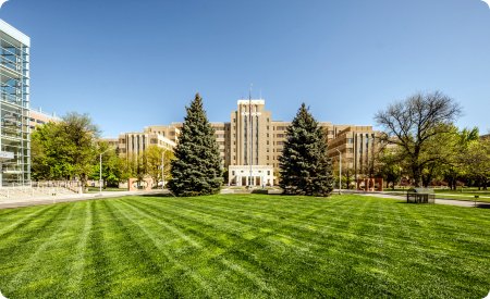Building 500 with lawn in foreground