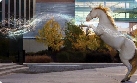 white horse on hind feet and shining sparkly wave