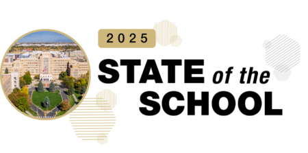 state of the school logo presentation with small photo of Fitzsimmons building.