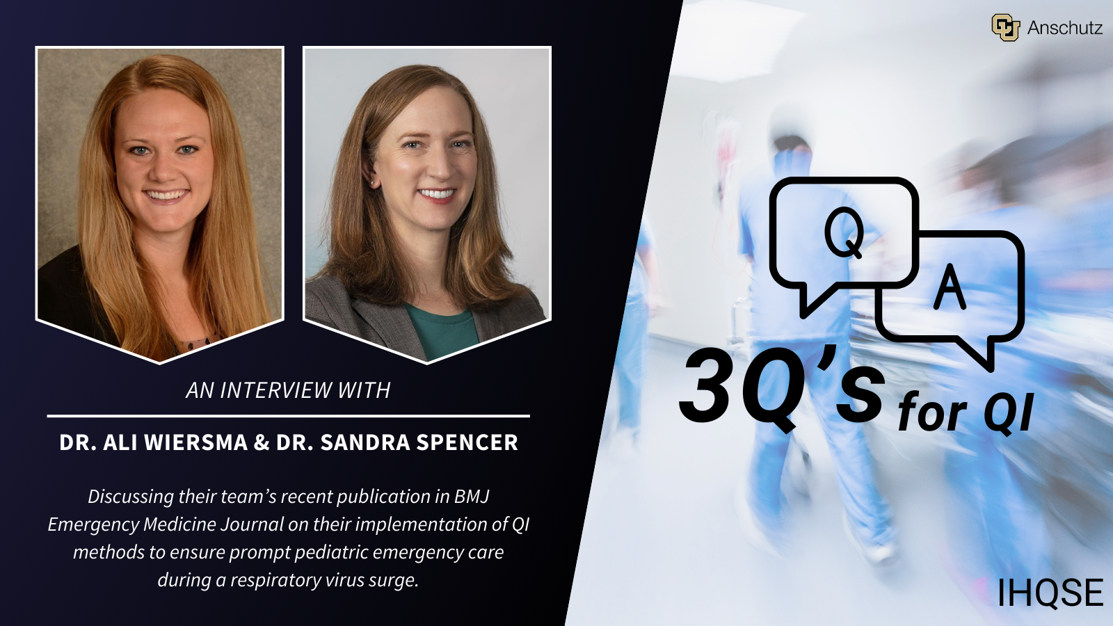 Two doctors smile in front of text 