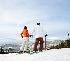 Two people on skis looking down a mountain