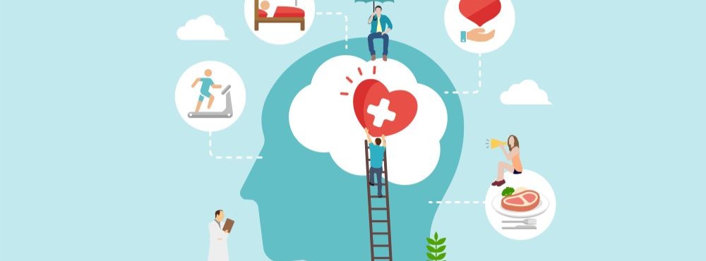 An illustration of a human head filled with icons representing health, including exercise, nutrition, mental well-being, and medical care.
