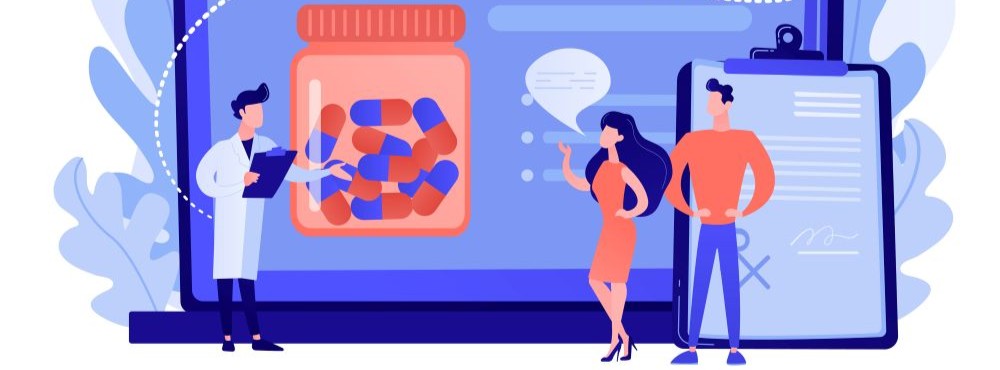 A doctor explains medication to a person, while another person observes, with a digital screen showcasing a pill bottle in the background.