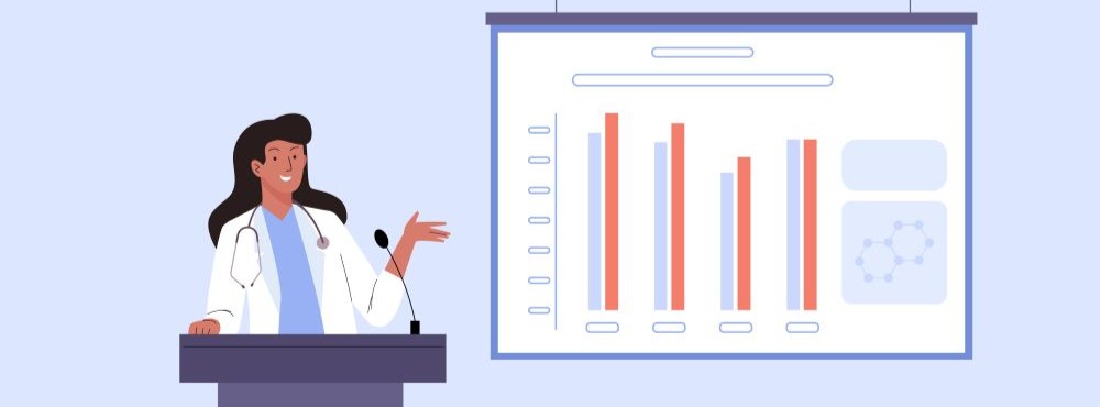 A healthcare professional presents data on a screen, featuring colorful bar graphs and charts, in a modern lecture setting.