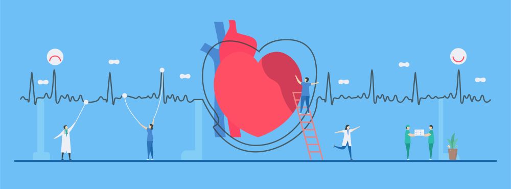 Cartooned clinical professionals with giant heart
