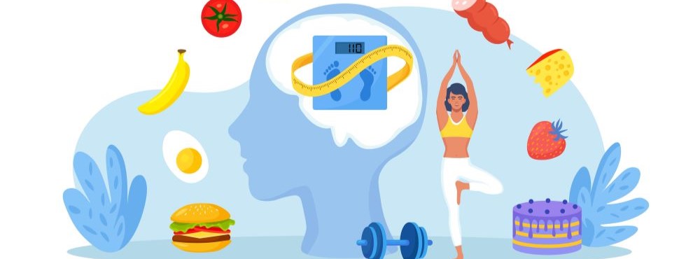 A silhouette of a head surrounded by different foods, a scale, and a person practicing yoga, symbolizing wellness and balance.