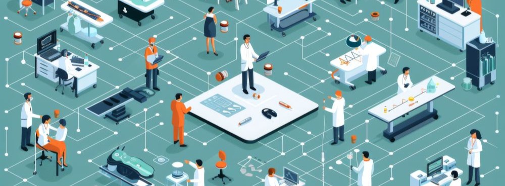 An illustrated lab scene featuring diverse scientists conducting experiments, analyzing data, and collaborating on medical research.