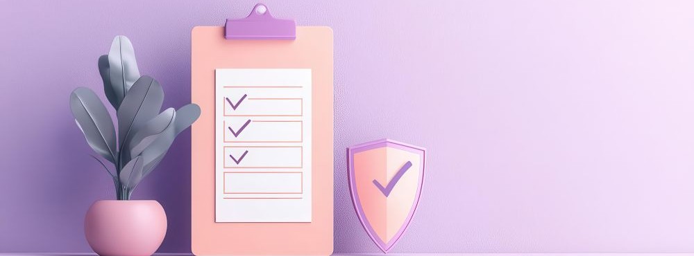 A pink clipboard with a checklist and checkmarks stands beside a small pink plant pot and a purple shield with a checkmark on a light purple background.