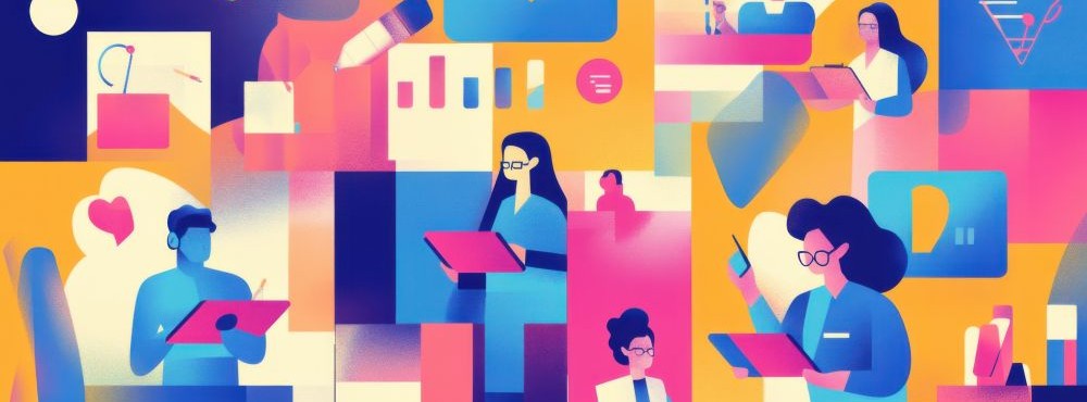 An abstract illustration featuring diverse people engaged in creative activities, surrounded by colorful geometric shapes and icons.
