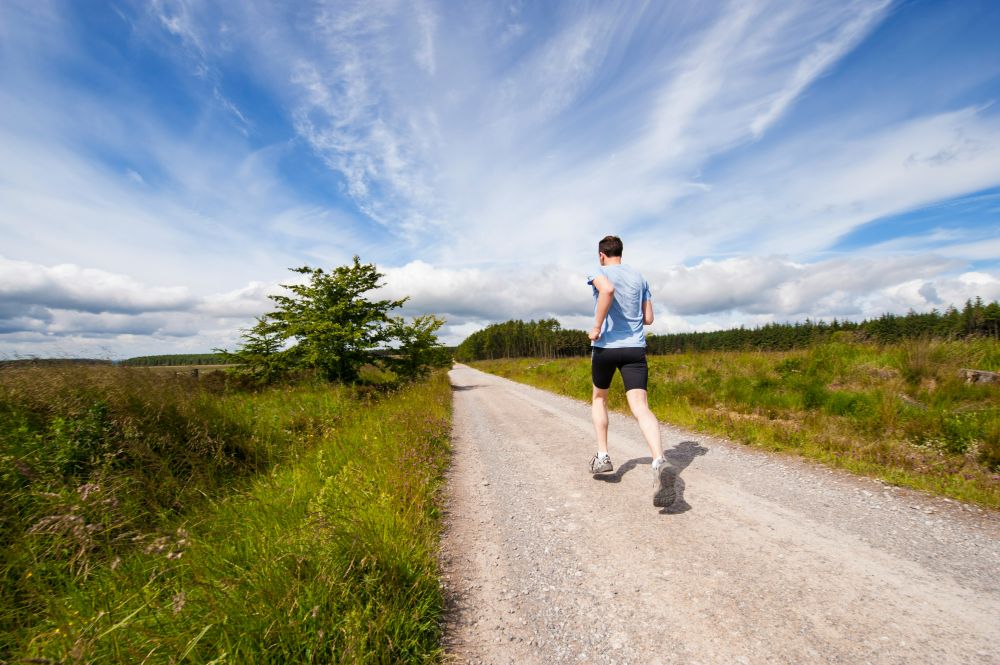 A person jogs along a gravel path surrounded by lush greenery and blue skies, enjoying a sunny day in nature.