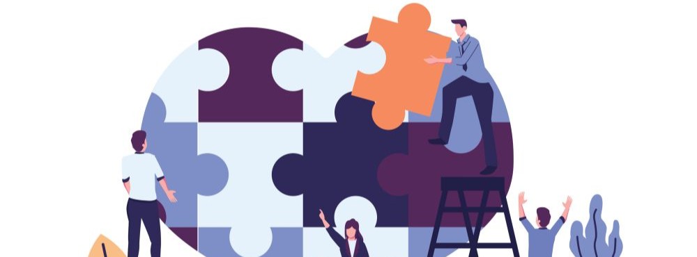 Illustration of three people assembling a large puzzle, with one standing on a ladder fitting an orange piece.