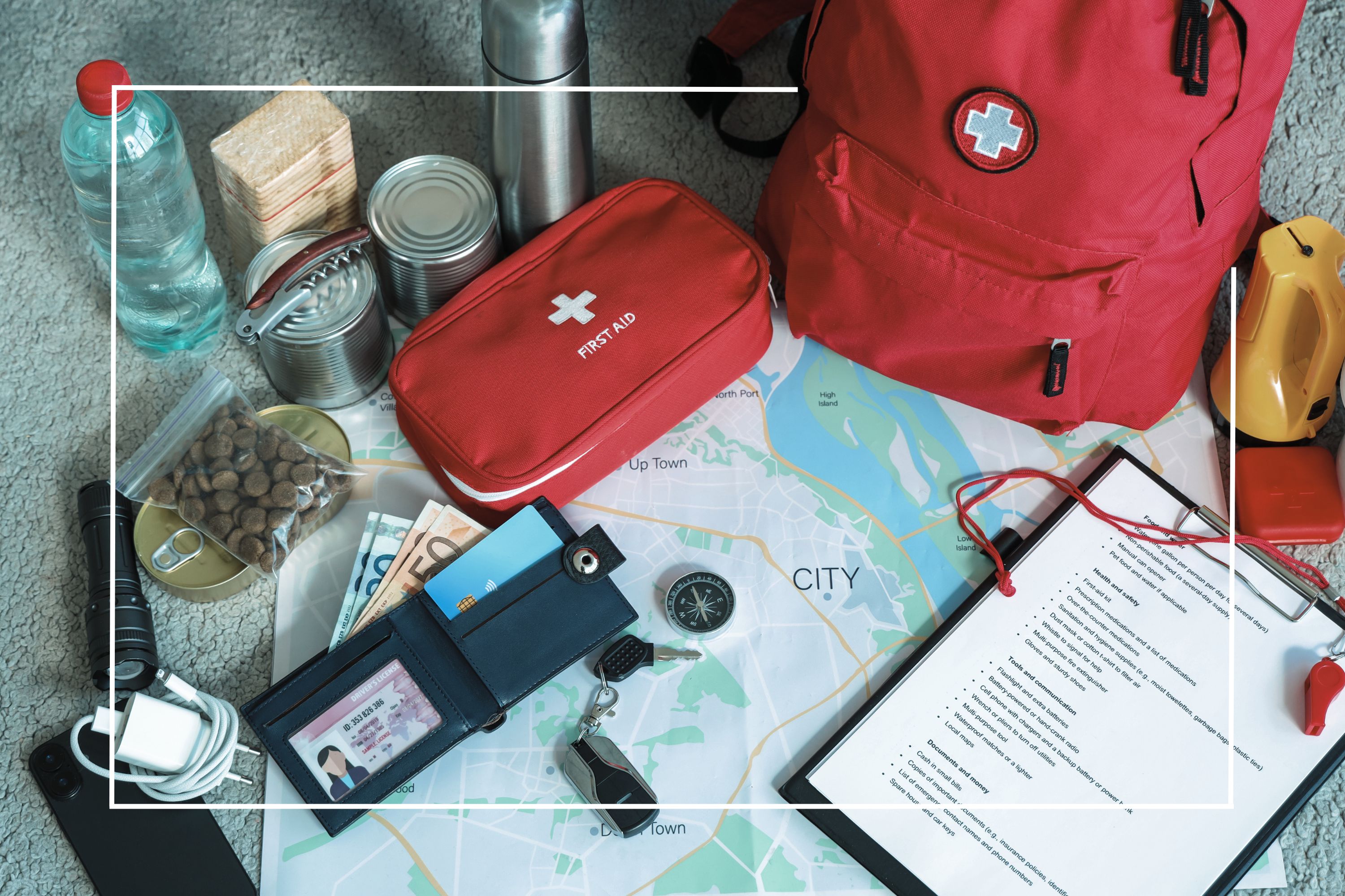 Emergency kit contents on a table