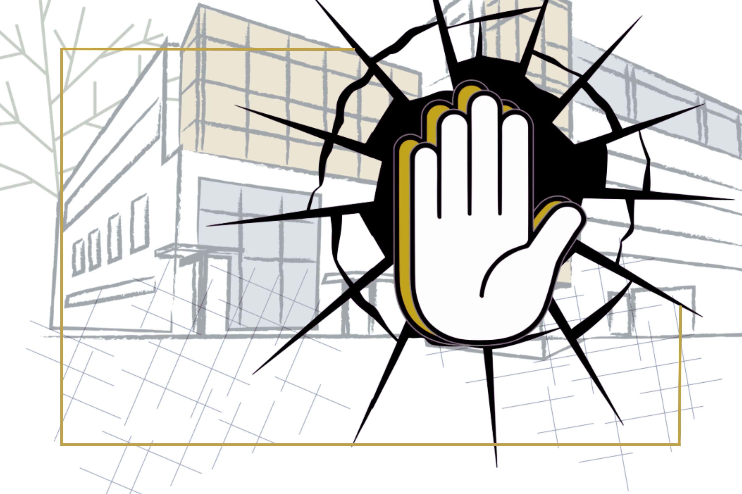 Hand across broken glass