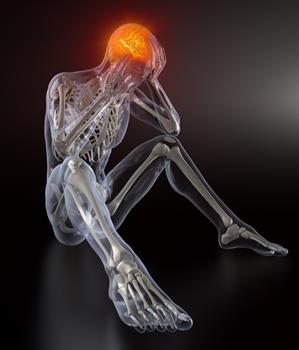 Stressed skeleton person sitting on the ground