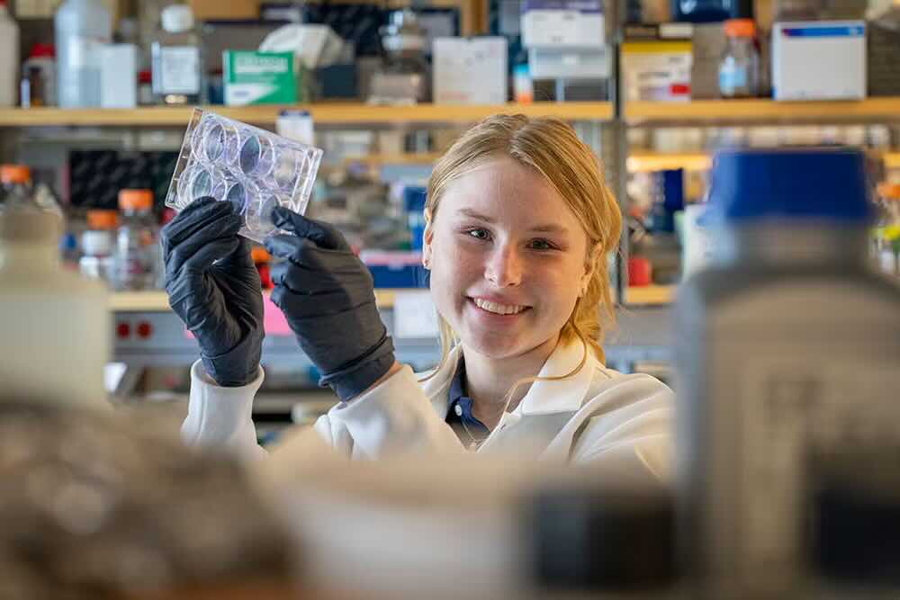 Imogene working in a research lab at the CU Anschutz Cancer Center