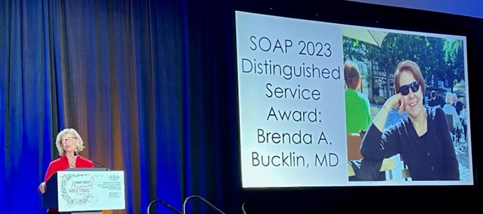 Joy Hawkins, MD presenting the 2023 SOAP Distinguished Service Award to Brenda Bucklin, MD Joy Hawkins, MD presenting the 2023 SOAP Distinguished Service Award to Brenda Bucklin, MD
