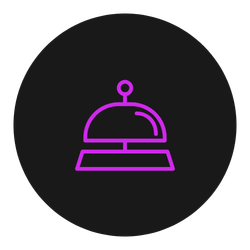 Outline of a counter bell in pink in front of a black circle.