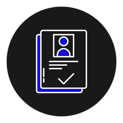 Icon of blue and white paper, on the paper is frame of a person and check mark, in front of a black circle.