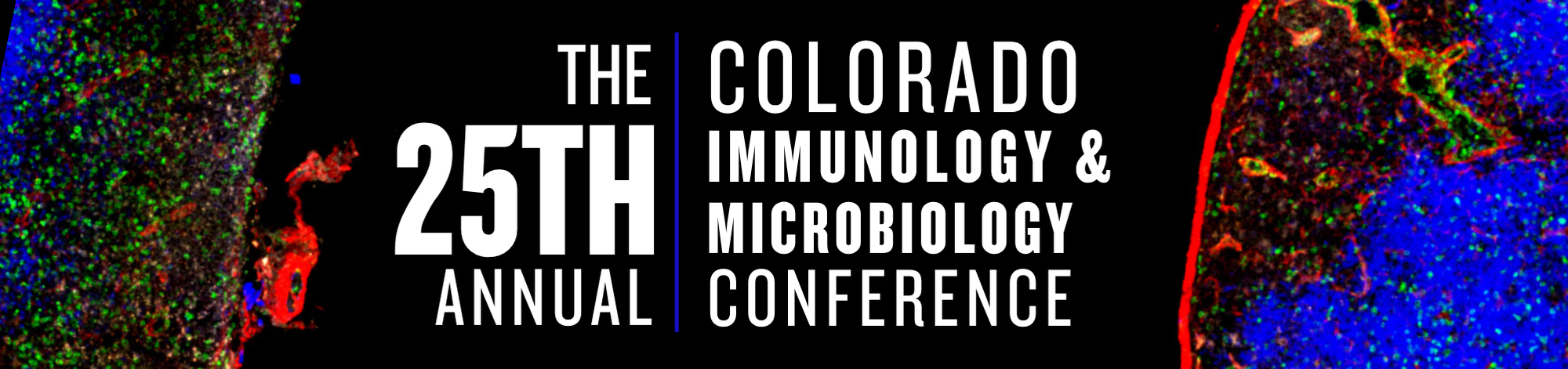 Banner with black background, Flourescent science image on the left and right, and white text in the center.