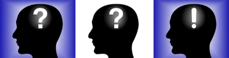 silhouettes of three men with question marks and exclamation point