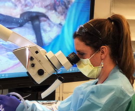 student at microscope with instrument