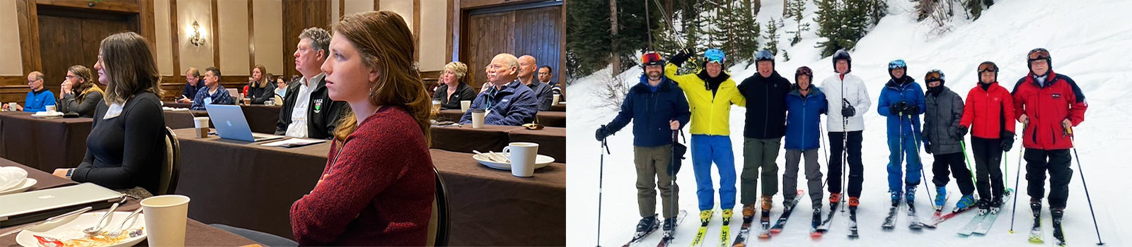 NSIR 2023 collage Two photos: on left, attendees at desks listening to a speaker; on right, several attendees in ski gear on snowy slope
