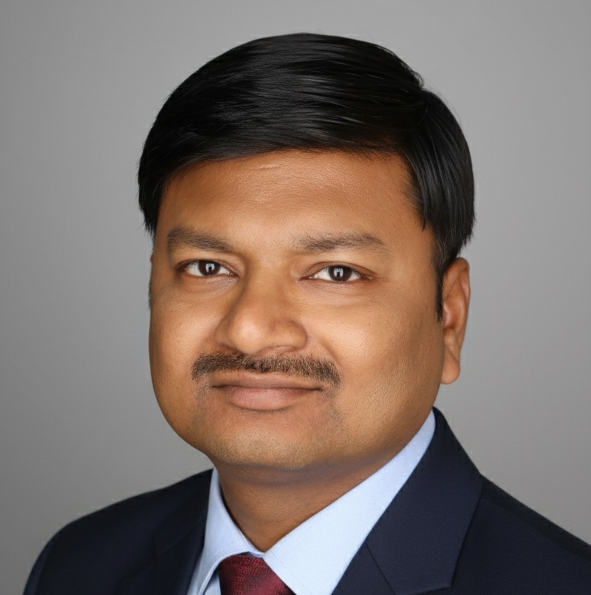male with a blue suit and red tie, posing for an up close headshot