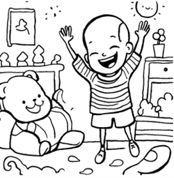 Clip art of a child jumping on a bed next to a Teddy bear.