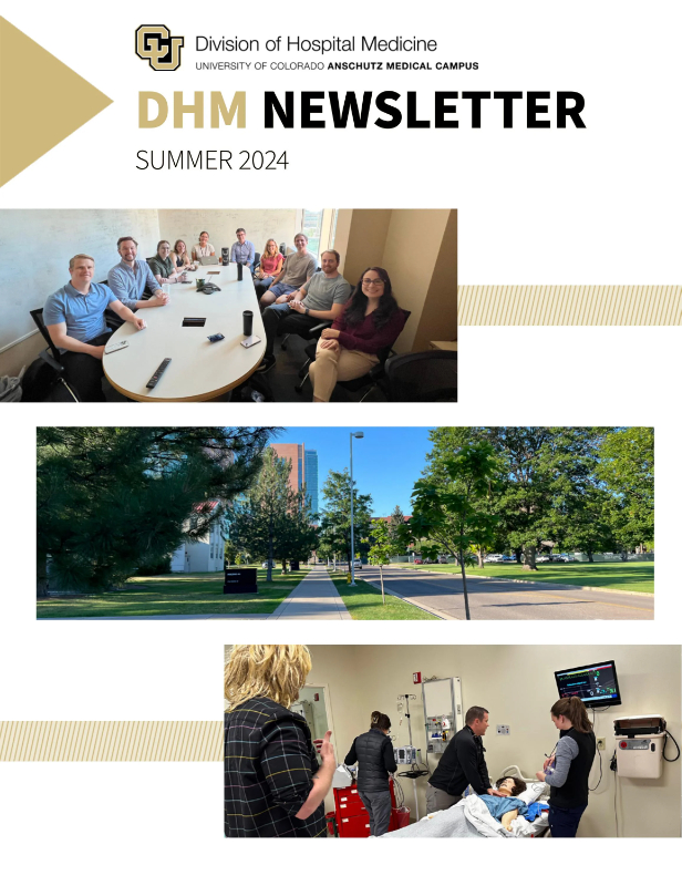 Newsletter cover page with three images of different hospital medicine individuals and an outdoor campus photo
