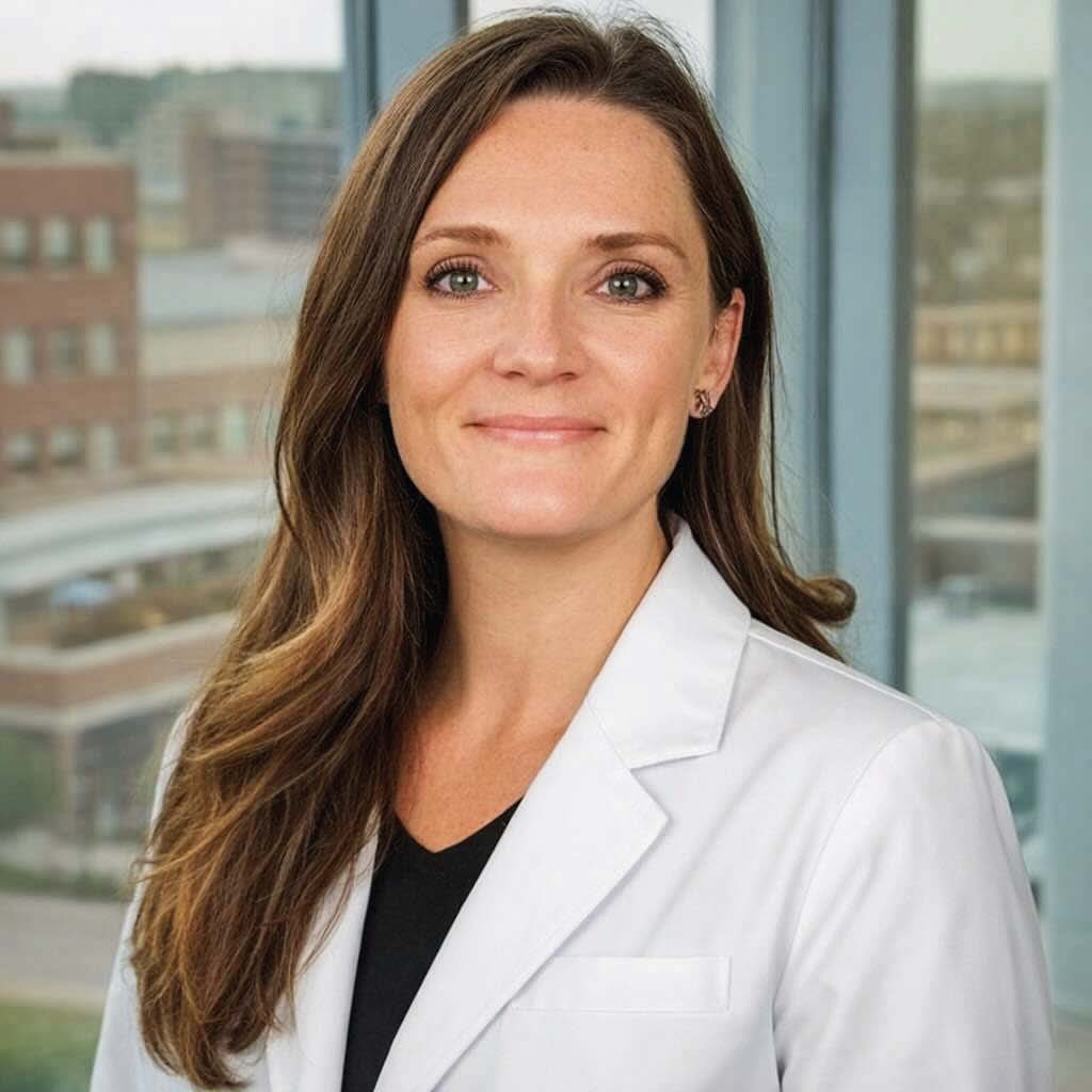 Professional headshot of a healthcare professional wearing a white coat over a black shirt, smiling at the camera with large windows and a city skyline blurred in the background.
