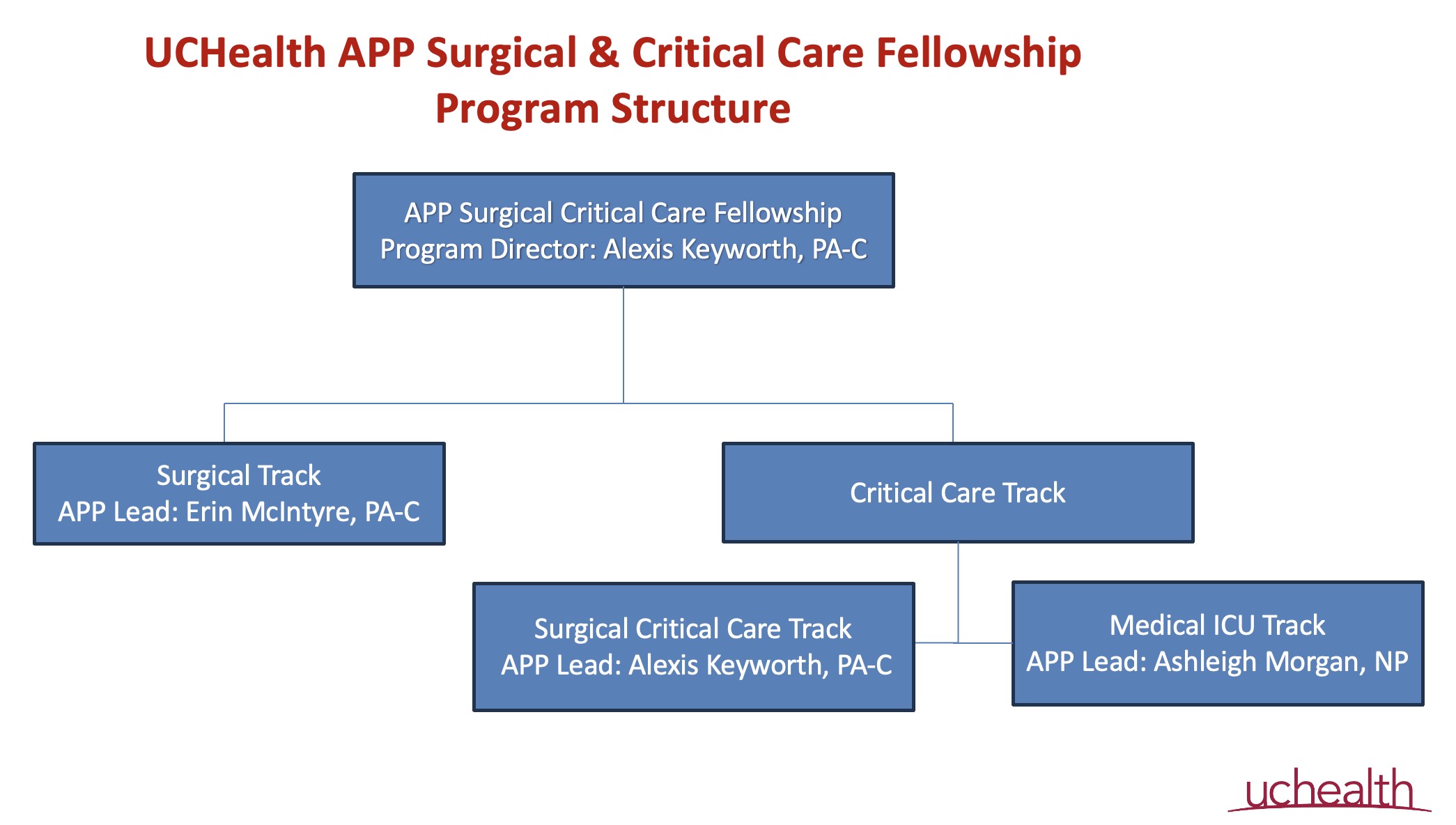 Fellowshipstructure Organizational chart of the UCHealth APP Surgical & Critical Care Fellowship showing the program director and leadership for the Surgical, Surgical Critical Care, and Medical ICU tracks.