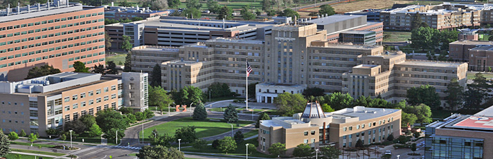 CU Anschutz Medical Campus Building 500 and surrounding buildings -- aerial photo