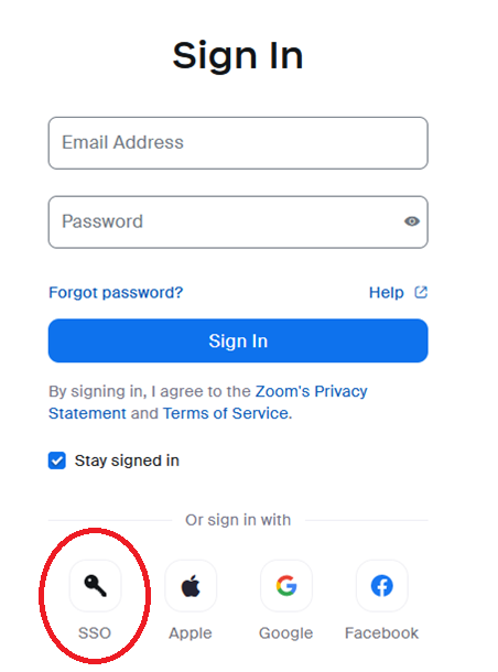 Login screen for SSO