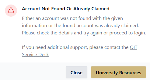 Account not found Screenshot of the error message that an account is not found or is already claimed.
