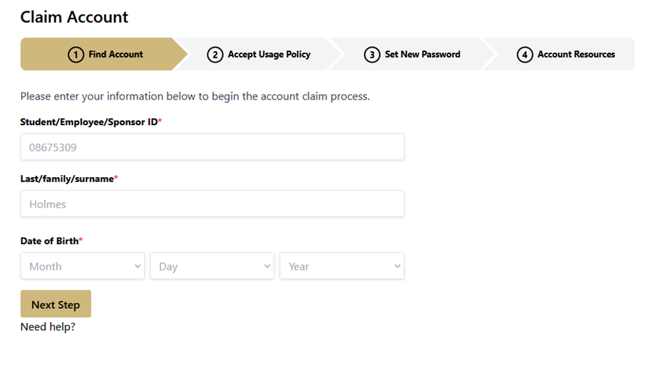 Claim Account step 1 Screenshot of the Claim Account page with step 1 open to find account