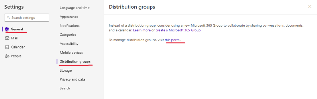 Screenshot of the main menu for distribution group settings to match the directions being given.