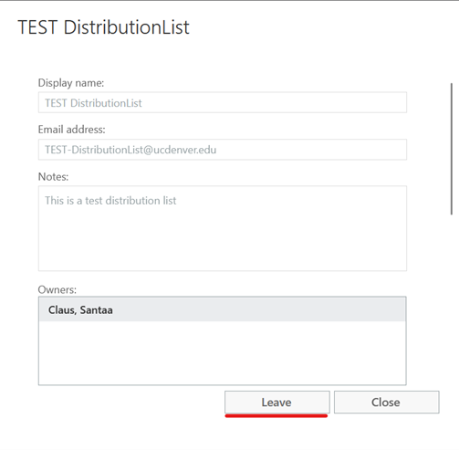 Screenshot of clicking on a distribution group in a list to view options and the leave button at the bottom highlighted.