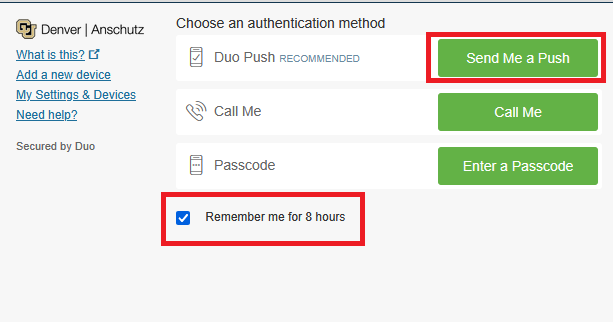 DUO remember me DUO Push screen with the checkbox to remember me highlighted.