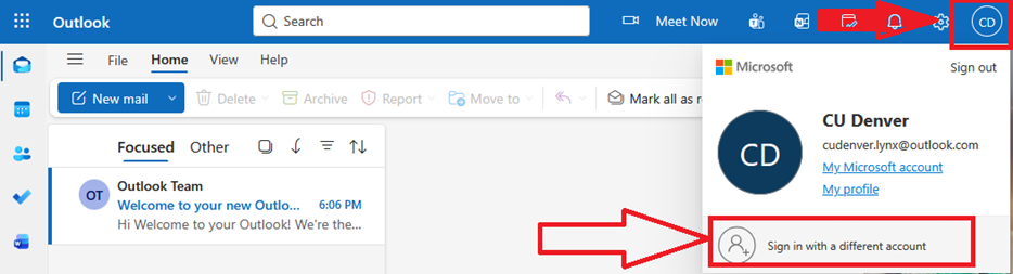 sign in with different account Screenshot of an inbox and the option to sign in with a different account highlighted.