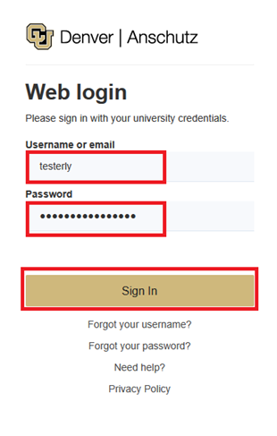 SSO with boxes Screenshot of the SSO login screen with boxes around the areas to fill out and submit.