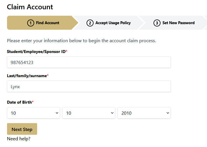 Step 1 filled out Screenshot of step 1 filled out