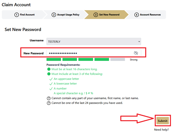 step 3 new password Screenshot of the set your account password screen with an arrow pointing to Submit button.