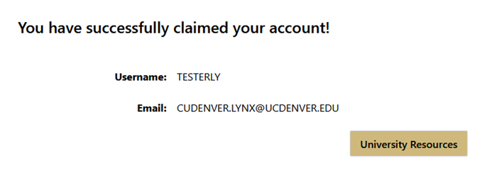 Successfully claimed account Screenshot of the Successfully Claimed Account page with username and email.