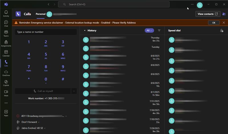 Screenshot of the Teams Calling app with the banner to verify your location. 