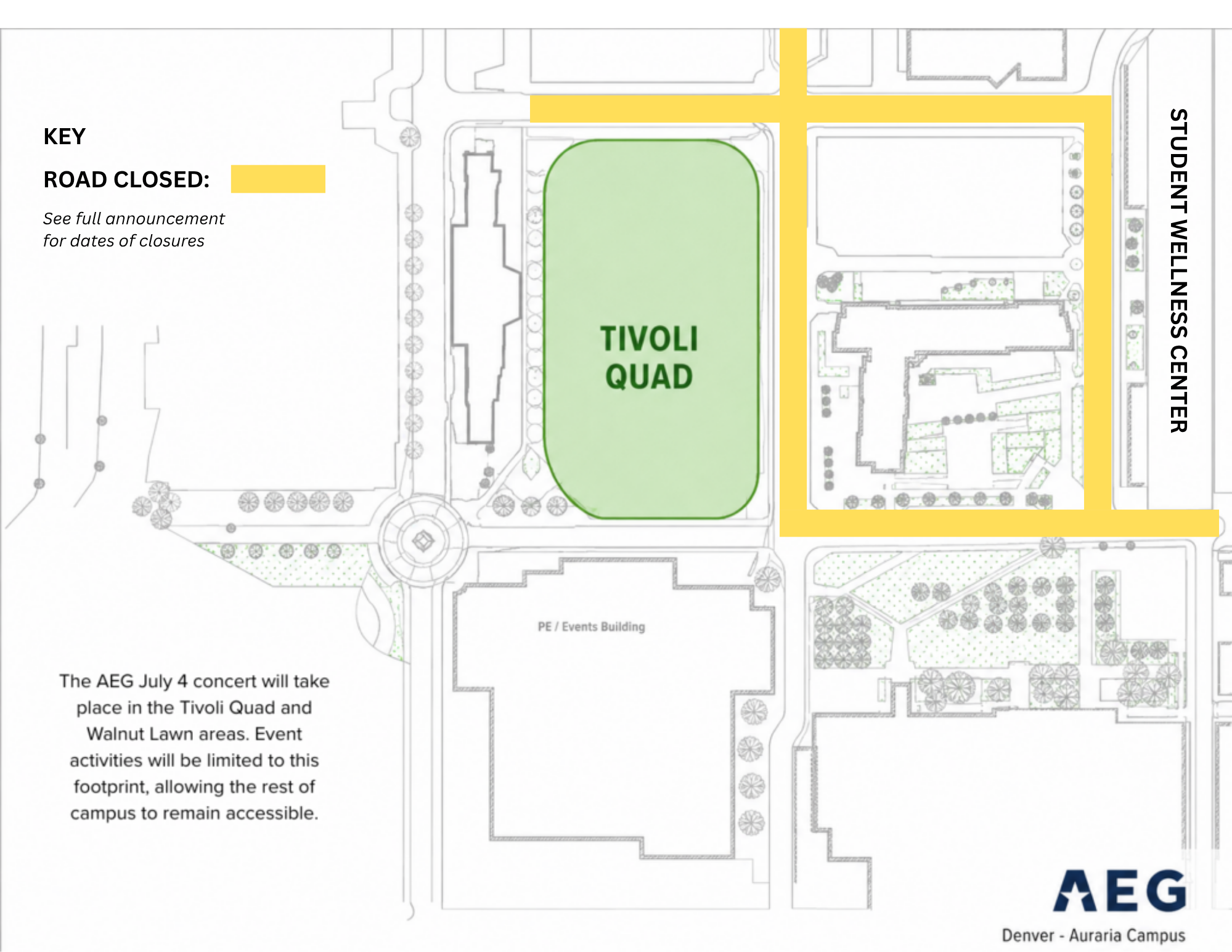 Map of the auraria campus highlighting road closures due to deadhead jamboree event